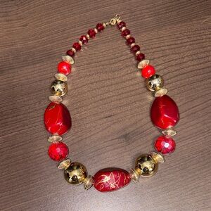 Elegant Red and Gold Beaded signed coral Necklace 18”